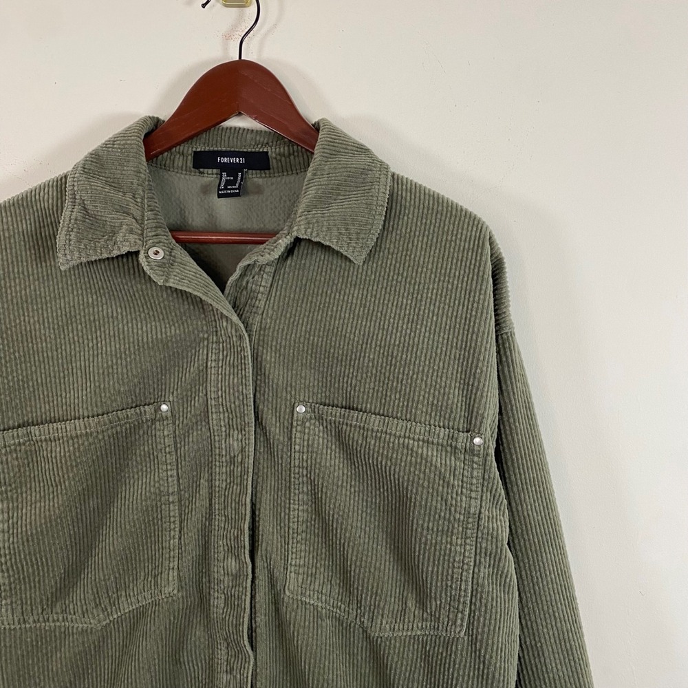 Forever 21 Corduroy Button Up Shirt Olive Green Snap Buttons Size Medium Western - Picture 4 of 7